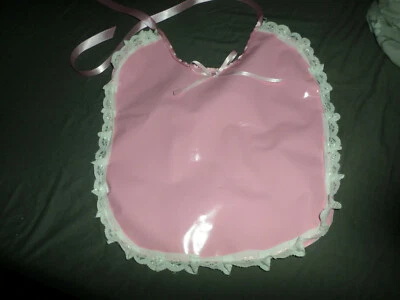 KIMBERLYSECRET ADULT BABY SISSY BIB PINK shiny PLASTIC PVC front PLASTIC BACKED LACE TRIM