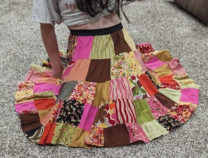 Handmade Patchwork Boho Midi Skirt Multicolor Elastic Waistband Jr Size 7-10 Vtg - Picture 1 of 11