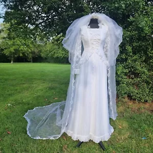 Vintage 1970er Jahre Spitze Cottagecore mittelalterliches Revival romantisches Hochzeitskleid Größe 8 - Bild 1 von 7