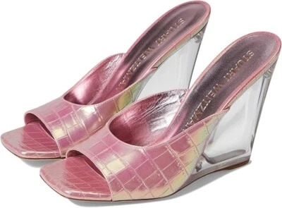 $525 Stuart Weitzman Tia 100 Lucite Wedge Croc Leather Mule Metallic Pink 8.5 - Image 1 of 4