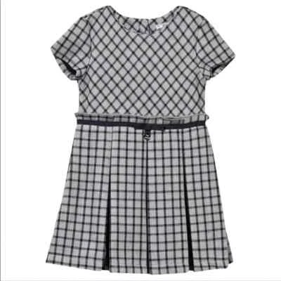 Girls Mayoral Short Sleeve Checkered Pleated A-Line Dress Navy and Gray Size 4 - Image 1 of 4
