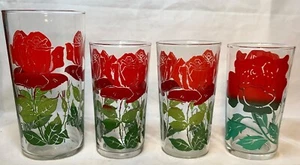 Lot of 4 Vintage MCM Drinking Glasses Tumblers Red Rose Stems 8 Oz 16 Oz - Picture 1 of 6