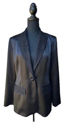Chaqueta Blazer BLOOMINGDALE’S 8 Negra Botón Frontal Encaje Solapa Elegante Vacaciones EC Foto 1 de 4