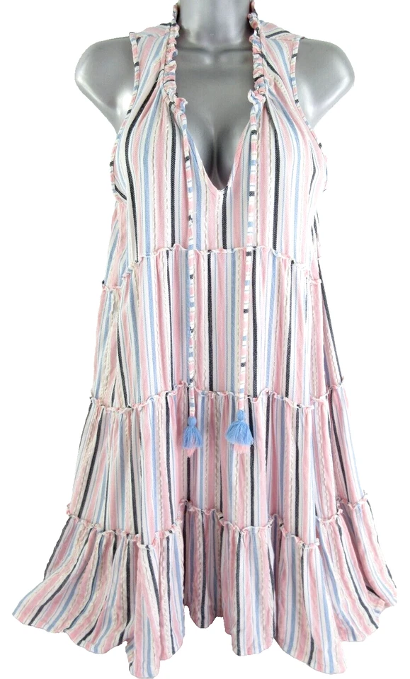 Vestido Blue Island Acampanado Mujer M Rosa Rayas Nivel Cottagecore Niveles Campesino Boho Foto 1 de 4