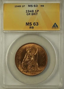 1948 Great Britain One Penny 1 Pence 1P Coin ANACS MS-63 RB Red Brown - Picture 1 of 2