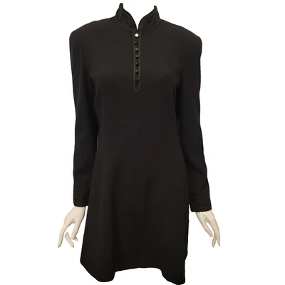 Dana Buchman Vestido Mujer 12 Negro 100% Lana Crepé Túnica Falda Conjunto Mandarín De Colección Foto 1 de 4