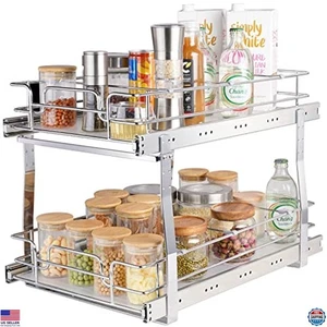 2 Ebenen Ausziehbarer Schrank Organizer, Schwerlast Ausziehbare Speisekammer Regale, Chrom - Bild 1 von 6