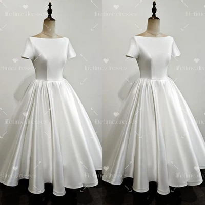 Short Wedding DresseSatin White Ivory Lace up Vintage Short Sleeves Bridal Gown - Image 1 of 4