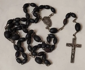 ANCIEN CHAPELET CROIX CRUCIFIX JÉSUS MÉDAILLE VIERGE BUIS MÉTAL ARGENTÉ # K12 - Picture 1 of 3
