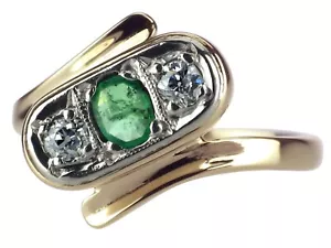 Jugendstil 585 Gelb Gold 0,20 ct Kolumbianischer Smaragd 0,20 ct Diamant Ring! - Bild 1 von 7