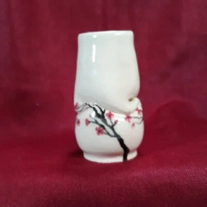 Studio Art Pottery Vase Mini 3.5" Creased Signed Cream Cherry Blossom - Picture 1 of 12