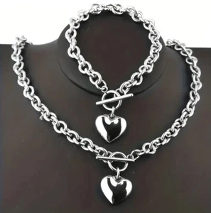 BRIGHTON BEACH 2pcs Heart Pendant Stainless Steel Jewelry Set - Picture 1 of 4