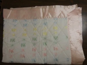 VTG DuPont Dacron Baby Blanket Satin Trim Embroidered Bear Pattern 49x36 Pastel - Picture 1 of 10