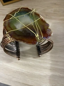 Modernist Cuff Bracelet Large Natural Agate Wrapped Stone Cuff RARE OOAK - Picture 1 of 3