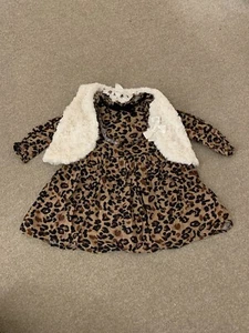 Girls Next Leopard Print Smock Dress With Fur Gilet Outfit 12-18 Months - Picture 1 of 15
