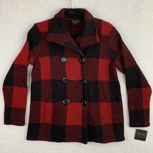 Tally Ho Cardigan Maglione Donna Giacca Piccola 100% Lana Rosso Bufalo Tasca a Quadri - Foto 1 di 21