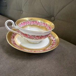 Antique George Jones Tea Cup & Saucer Pink Roses Beaded Gilding - Picture 1 of 12