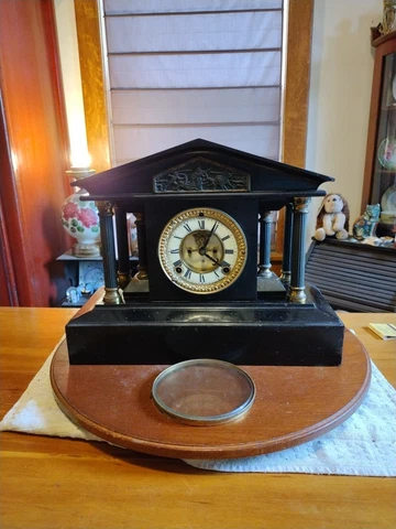 Antique Ansonia Loire Grecco Roman Mantel Clock Cast Iron Case Brass NICE READ Cover