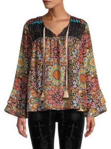 Johnny Was Mandala Margot Paisley Blumenmuster Rüschen lange Glockenärmel Bluse M - Bild 1 von 15