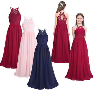 Girls Lace Chiffon Holder Neck Flower Girl Pageant Wedding Bridesmaid Dress Long