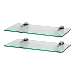2x Clear 40cm Floating Glass Wall Shelves Bathroom Shelf with Chrome Brackets - Picture 1 of 12