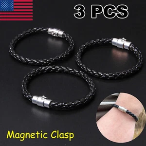 3 PCS Fashion Unisex Women Men Braided Leather Magnetic Clasp Bracelet Handmade - Picture 1 of 12