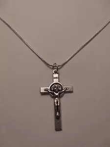 Collana catena argento sterling 925 20" croce crocifisso medaglia San Benedetto - Foto 1 di 3