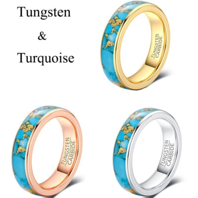 Anillo clásico de tungsteno de 6 mm azul turquesa para hombre lámina dorada alianza de boda ajuste cómodo Foto 1 de 4