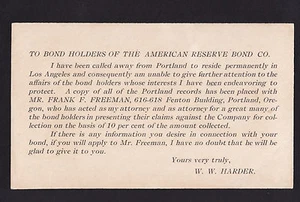 1906 American Reserve Bond co. to Bond Holders collection postcard - Picture 1 of 2
