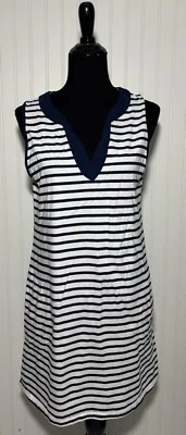 Vestido Lands End azul marinho listras brancas bolsos náutico feminino tamanho médio algodão - Imagem 1 de 4