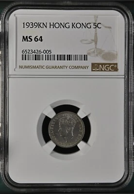 HONG KONG 5 Cents 1939-KN, KGVI, NGC MS 64 Choice UNC Grade w/ Luster.  ..F2 - Image 1 of 2