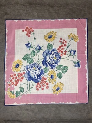 VTG Floral Rose Roses Handkerchief Blue Green Red & Pink 12” x 12.5” Hanky - Image 1 of 4
