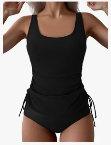 Damen Bauch Kontrolle Tankini Badeanzug Rüschen 2-teilig Kordelzug mit Unterseite. " SCHWARZ - Bild 1 von 4