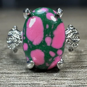 Anillo de plata esterlina 925 rosa verde ovalado arte vidrio llamativo anillo boho talla 8 - Imagen 1 de 8