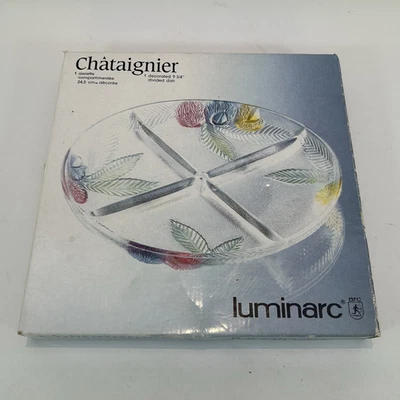 Plato para servir bocadillos de vidrio dividido Luminarc vintage con patrón de hojas Francia Foto 1 de 4