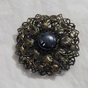 Spilla vintage bronzo W. GERMANY grande dichiarazione filigrana onice fiore spilla  - Foto 1 di 19