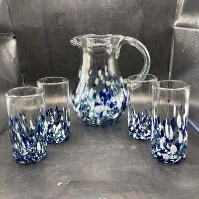 4件套手工吹制五彩纸屑玻璃蓝色斑点水壶6英寸和9.5英寸水壶 — 第 1/4 张图片