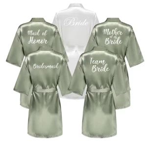 Grass Green White Letter Bride Bridesmaid Short Satin Robes for Wedding - Picture 1 of 21