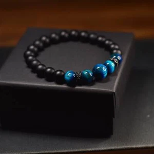 Blue Tiger Eye Beaded Bracelet Healing Chakra Stone Bracelet Onyx Beads Bracelet - Picture 1 of 7