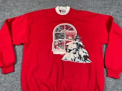 Sudadera De Colección Años 90 Navidad Gato Ventana Para Mujer XL Roja Mañana Sol Árbol Vacaciones Foto 1 de 4