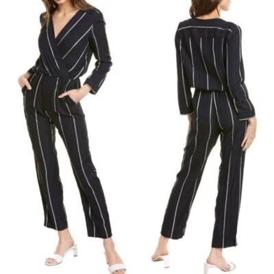 Macacão Maje listra de giz corpete surplice azul marinho tamanho P varejo $400 - Imagem 1 de 4