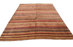Vintage Crate & Barrel 90's Nepali Striped Wool Orange Brown Rug 117x 87 - Picture 1 of 3