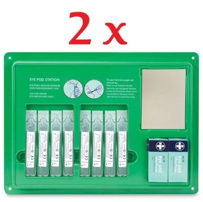 RELIANCE MEDICAL LTD 2 x (Reliwash Sterile Saline Eye Wash 8 x 20ml Pods & EyePad Station) Wall Mount