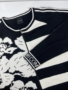 I'Cona Damen Jacke Gr. L durchgehender Reißverschluss schwarz-weiß gestreift Blumen Pullover - Bild 1 von 6