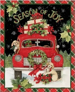 Spring Creative - Christmas Season of Joy Puppies Quilting Panel W/ Red Truck - Picture 1 of 2