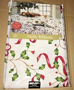 Vintage Christmas 100% Polyester Tablecloth Holly Ribbons 52X70 Oblong NEW - Picture 1 of 3