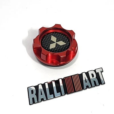 RED OIL CAP CARBON FIBER FOR MITSUBISHI ECLIPSE MIRAGE LANCER & RALLIART EMBLEM - Image 1 of 4