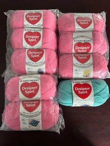 New Red Heart DESIGNER SPORT Yarn 3oz 8 Skeins Blush Rose/1 Skein Aqua Ice - Picture 1 of 7