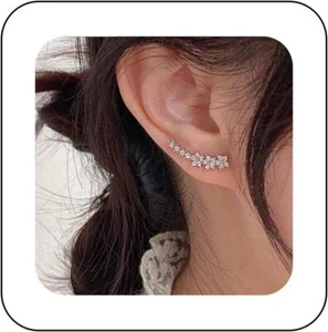 925 Sterling Silver CZ Curve Ear Climber Crawler Cuffs Hoop Earrings Women Girl - Picture 1 of 7