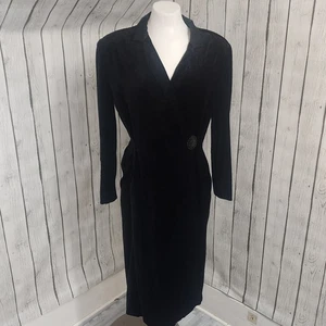 Vintage schwarz Samt Wickelkleid Morgenmantel Schulterpolster Satinkragen 80er Handarbeit - Bild 1 von 13